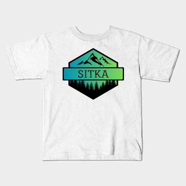 Sitka Alaska Mountains and Trees Kids T-Shirt by B & R Prints